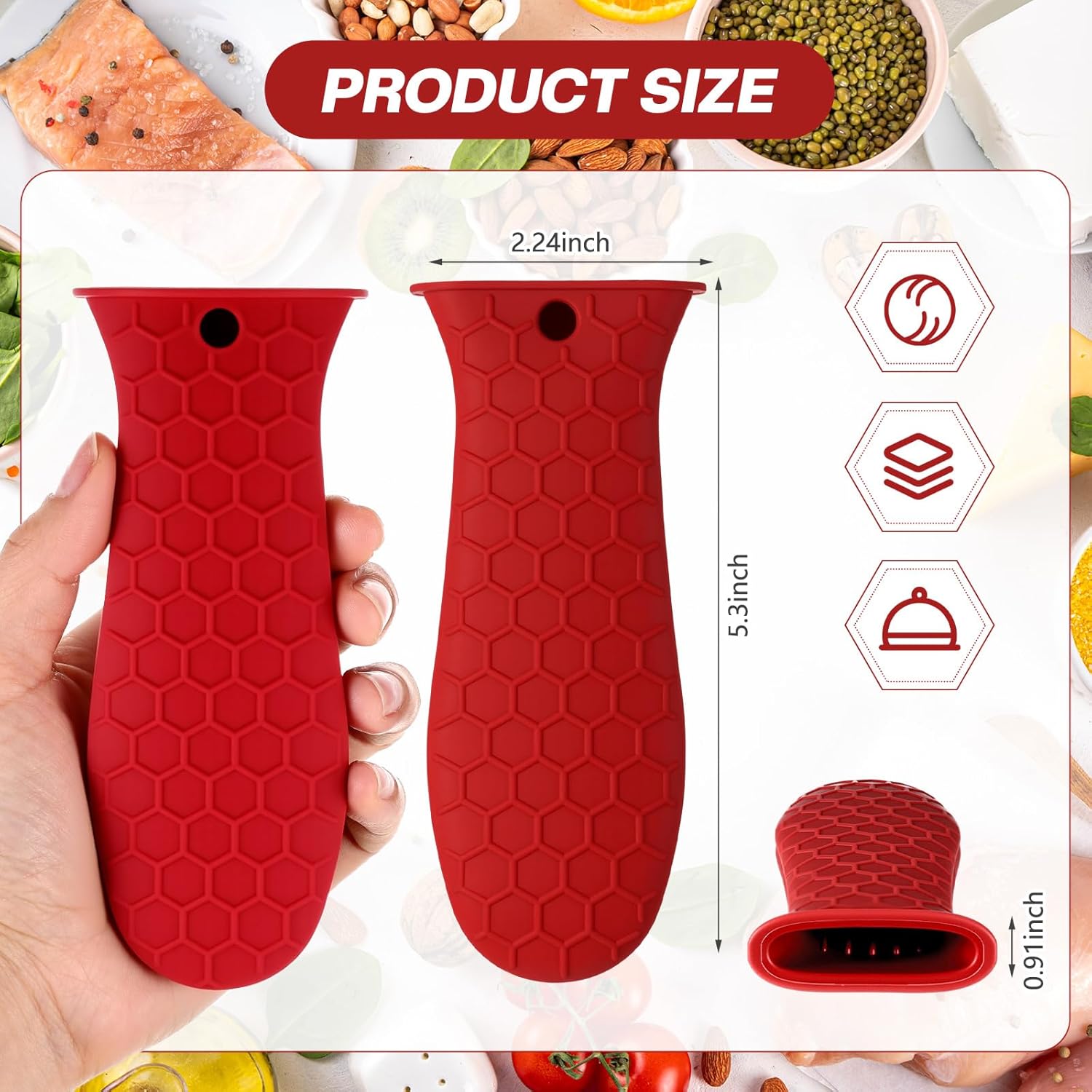Patelai 2pcs Silicone Handle Cover for Cast Iron Skillet Kitchen Silicone Handles for Pots and Pans Non-Slip Pot Holder Sleeve for Fry Pan Griddles Metal Aluminum Cookware(Red)