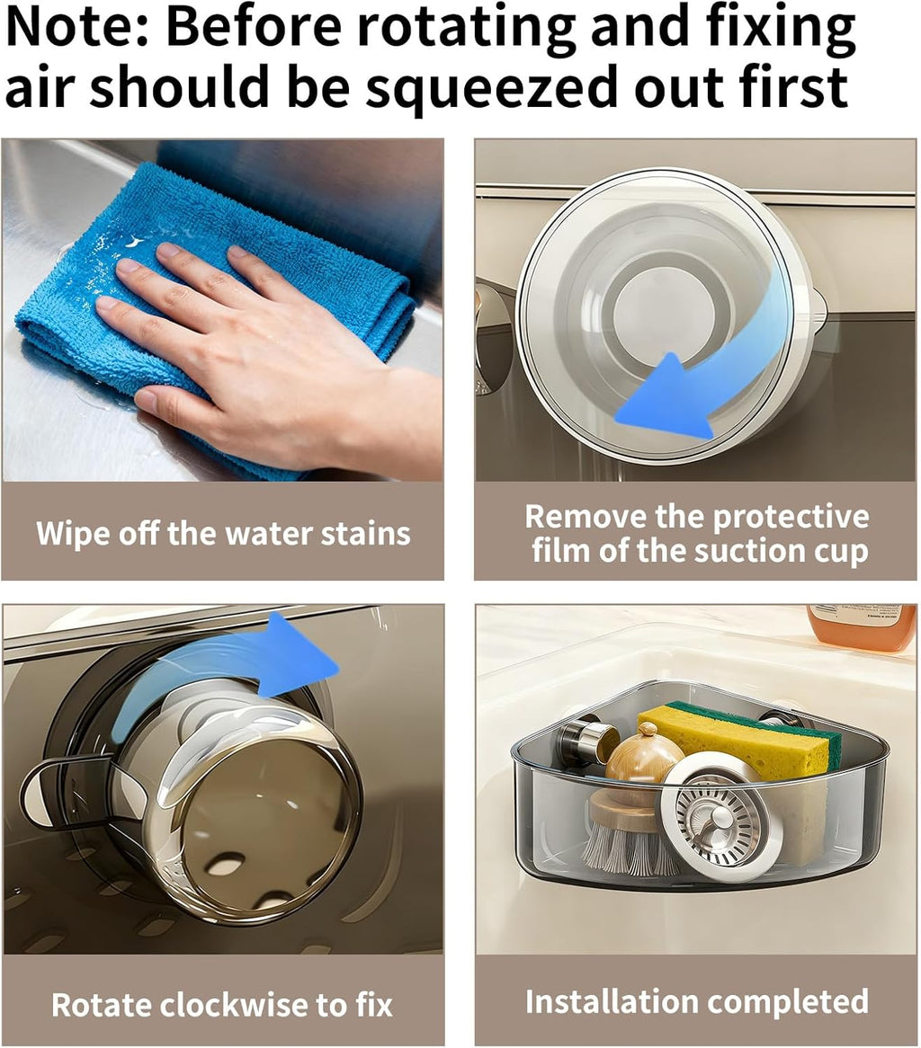 2PCS Suction Cup Sink Corner Rack,2 Size Suction Sinkware Organizer,Triangle Sink Strainer Basket with Drain Hole, Corner Sink Trash Catcher for Leak-Proof Food Waste Catcher for Clean Sink