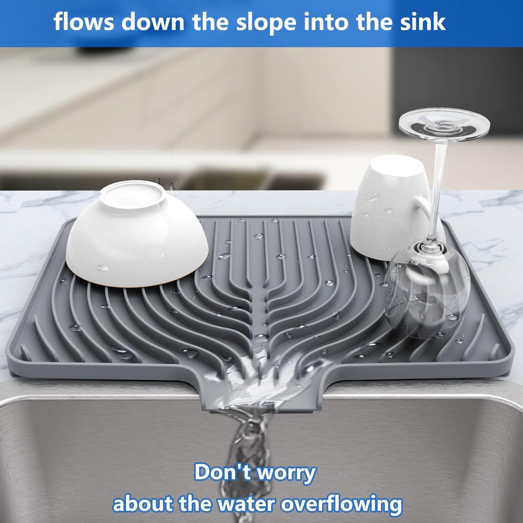 Kitchen Drying Mat for sink with a bulged edge,18"×12"Silicone Dish Drying Mat with built-in Drain Spout, Rubber Dish Mat for Kitchen (18"×12"gray)