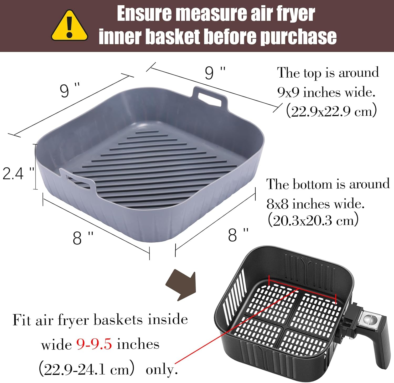 Silicone Liners Square for Air Fryer, 2 Pcs Non-stick Food-grade Reusable Basket Silicone Pot Baking Tray Airfryer Accessories, Top Size 9 inches, Bottom Size 8 inches