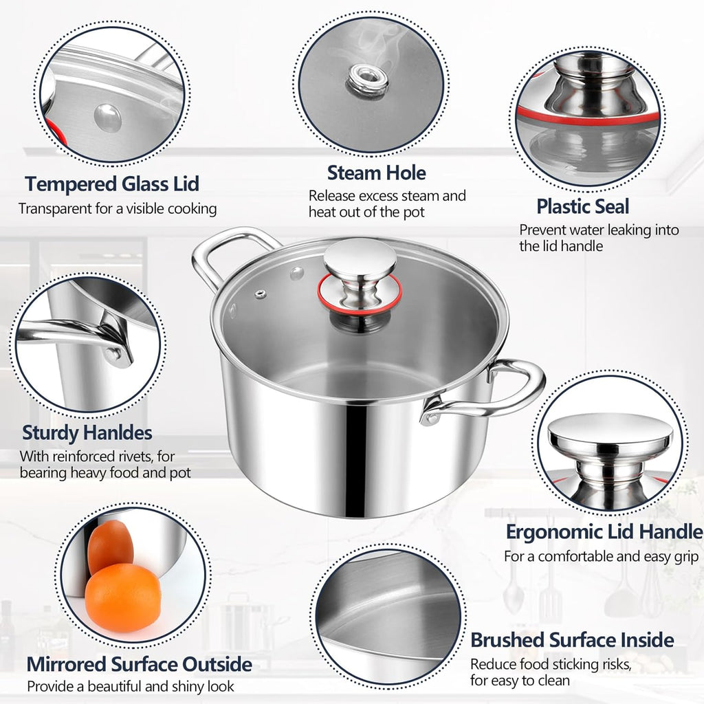 P&P CHEF 6 Quart Tri-Ply Stainless Steel Stock Pot, 6 Qt Stockpot Pasta Cooking Pot with Visible Lid for Soup Vegetable, Induction Cookware for All Stoves, Sturdy & Double Handle, Dishwasher Safe