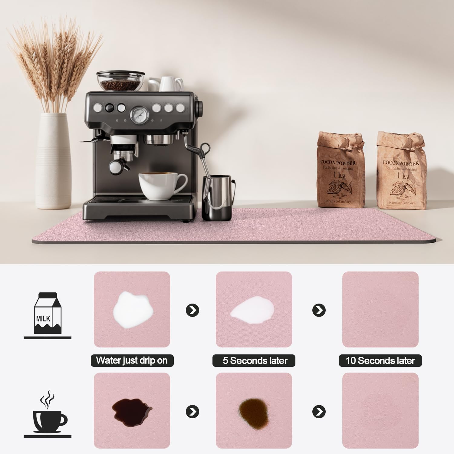Dish Drying Mat for Kitchen Counter | Coffee Bar Mat for Countertops | Heat Resistant Drainer Mat with Non-slip Rubber Backed | Hide Stain Kitchen Absorbent Draining Mat | Pink 18"x24"