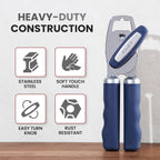 Zulay Kitchen Heavy Duty Stainless Steel Can Opener Manual with Bottle Opener - Rust Proof Manual Can Opener With Turn Knob & Comfy Soft Grip Handles - Blue