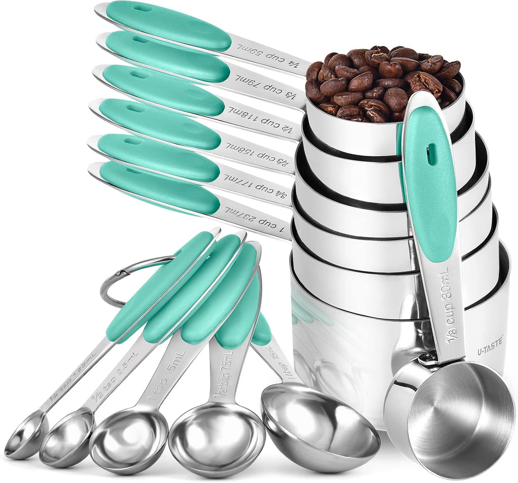 Measuring Cups and Spoons Set: U-Taste 18/8 Stainless Steel 12 Pieces Metal Stacking Kitchen Baking Cooking Food Measure Set 7 Cups 5 Spoons with Strengthened Weld Joints (Aqua Sky)