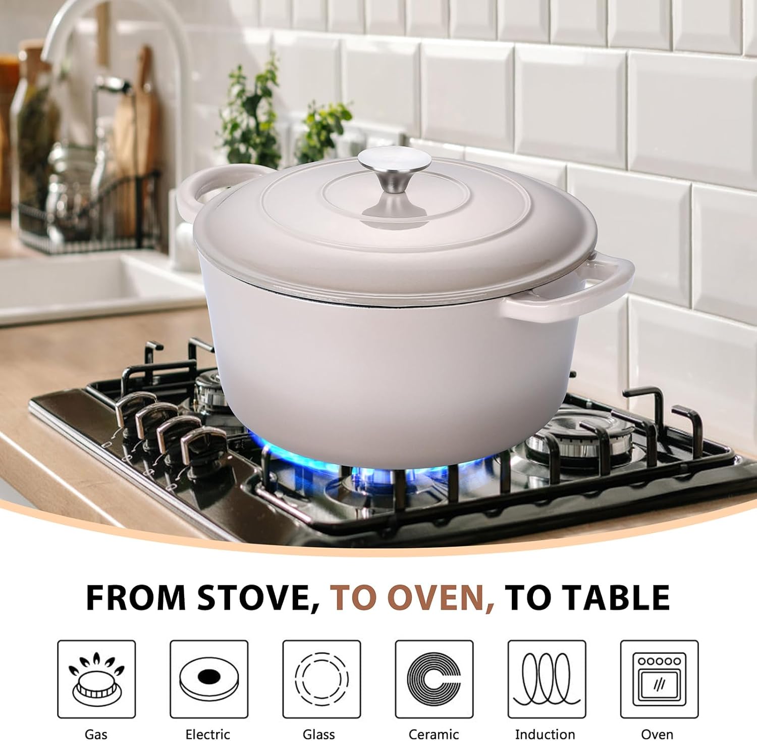 E-far 6 Quart Enameled Cast Iron Dutch Oven, Round Dutch Oven Pot with Lid, Nonstick Cookware for Braising/Stews/Roasting/Bread Baking/Cooking, Heavy Duty, Induction & Oven Safe - Khaki