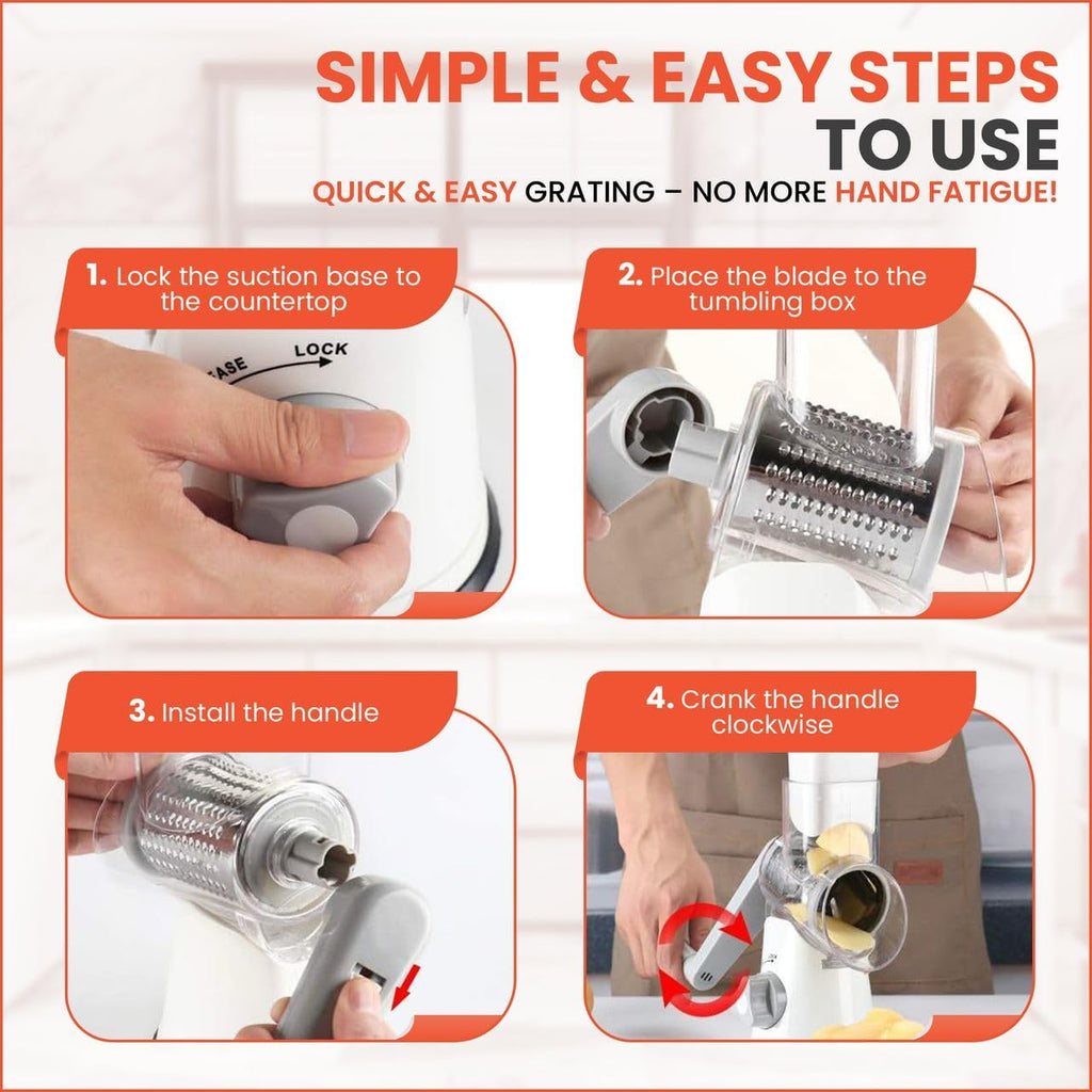 Rotary Cheese Grater Hand Crank with handle - Upgraded strong suction, changeable blades, handheld kitchen aid 3-in-1 Cheese Shredder. Kitchen Rotary Grater Slicer for Fruit, Vegetables, Nuts