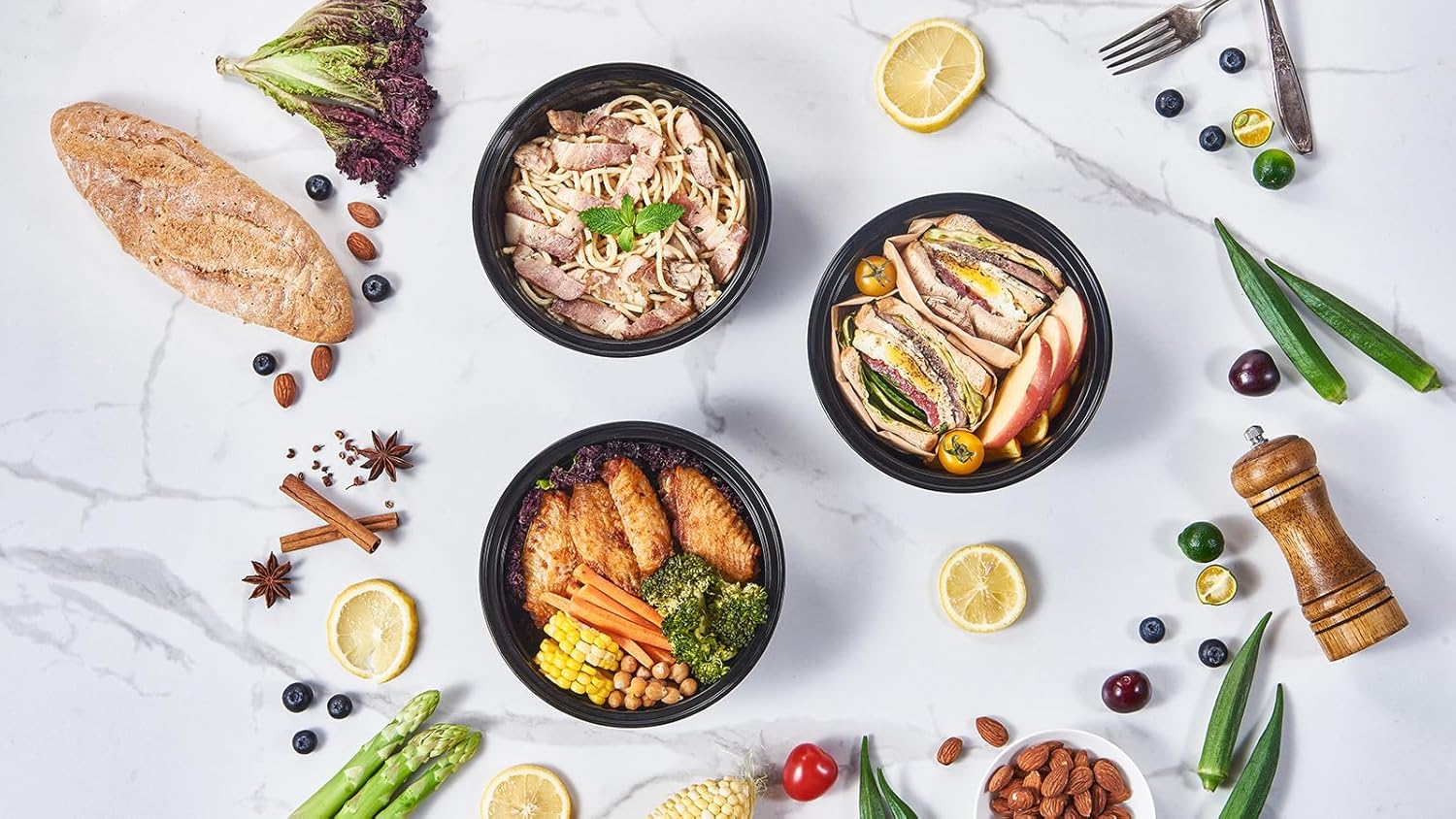 FULING 32 oz 50 ct Round Meal Prep Containers with Lids Plastic Food Storage Lunch Plan To Go Box Disposable Take Out Bowls Black BPA Free Reusable Durable Stackable Microwave Freezer Dishwasher Safe