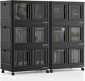 600Qt Stackable Storage Bins with Lids, 150Gal Closet Organizers and Storage Drawer, Plastic Collapsible Storage Bins with Doors, Heavy Duty Store Box Cabinet for Home Office, 6 Pack Black