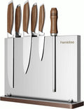 Magnetic Knife Block,Stainless Steel Magnetic Knife Holder Rack for Kitchen Counter,Strong Double Sided Magnet Knife Storage Stand with Wood Base