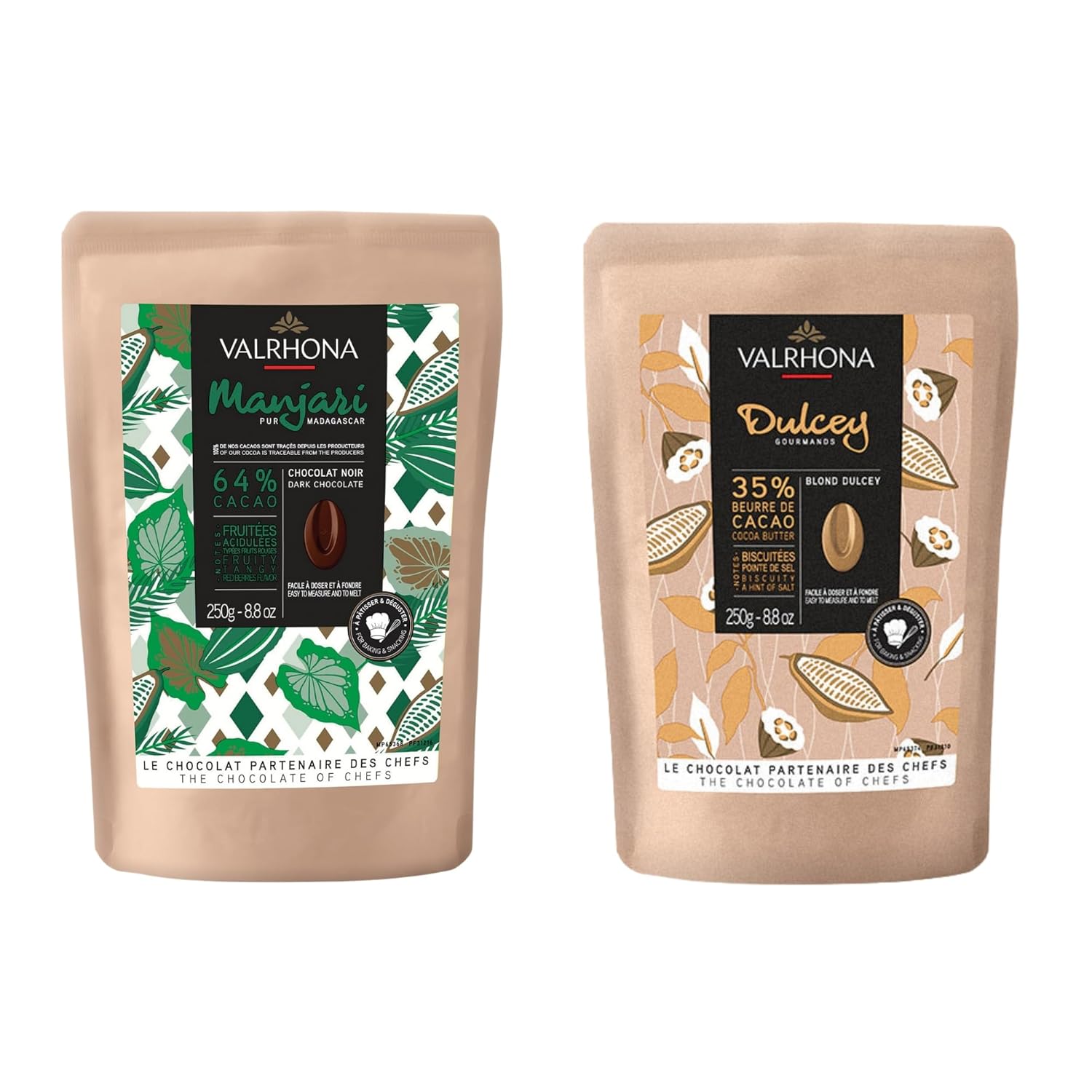 Valrhona Premium Baking Chocolate Discs (Feves), Dark Chocolate MANJARI 64% Cacao Single Origin, and Creamy Blonde Chocolate DULCEY 35% with Caramel Cookie Flavor Notes, for Cookies, Cakes, and more