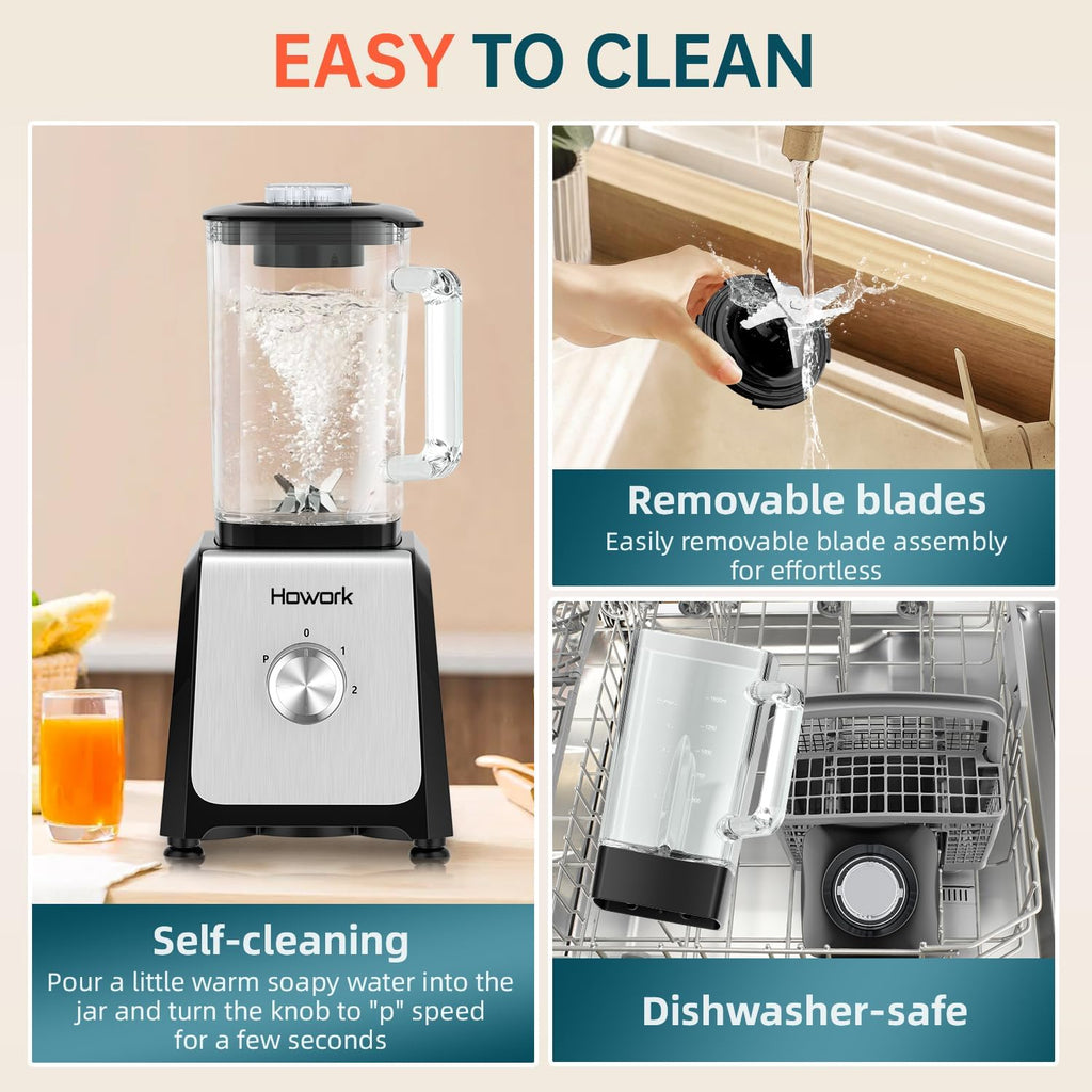 HOWORK Blender for Smoothies, 750W Personal Blender, 56 Oz Glass Jar, 16oz Portable Cups,2+p speed, 3 Functions for Smoothies, Frozen Drinks & Ice Cream,Black