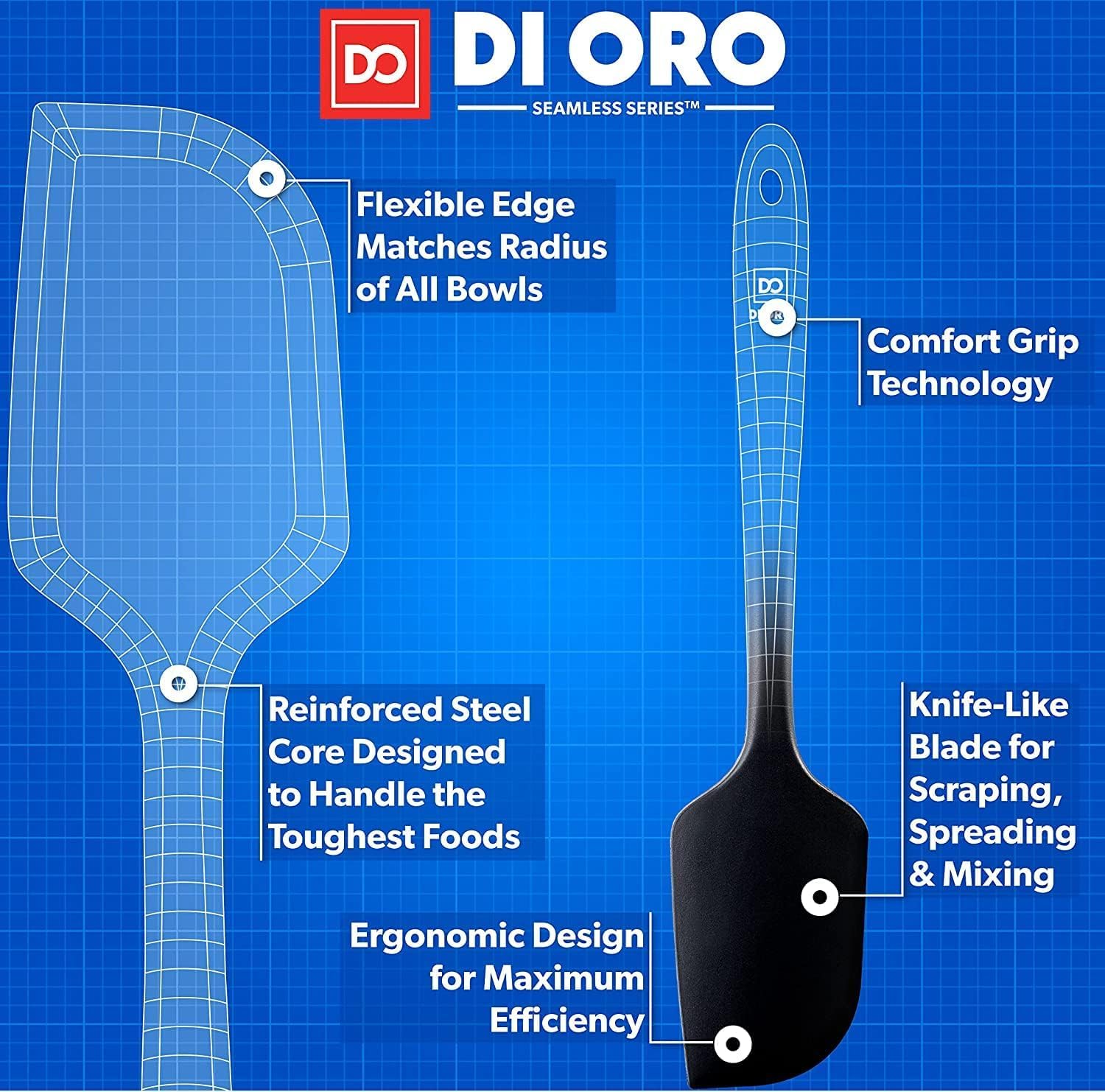 DI ORO Silicone Spatula Set - Rubber Kitchen Spatulas for Baking, Cooking, & Mixing - 600°F Heat-Resistant & BPA Free Silicone Scraper Spatulas for Nonstick Cookware - Dishwasher Safe (4pc, Black)