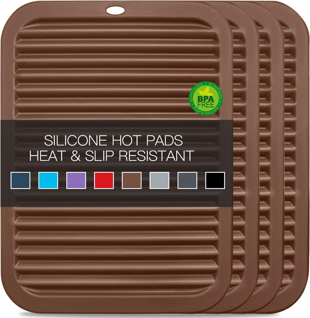 4 Pack Silicone Trivets for Hot Dishes Large 446°F Heat Resistant Pot Holder Hot Pads for Kitchen 9'' x 12' Brown Silicone Trivet Mat for Hot Pots and Pans, Jar Opener, Drying Mat