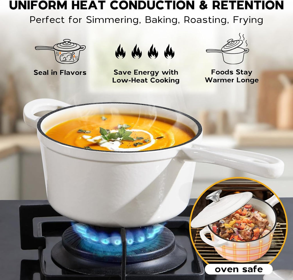 2 Quart Saucepan Dutch Oven, Onader Enameled Cast Iron Sauce Pan Pot with Lid, Small Cooking Kitchen Pot, Nonstick & Oven Safe – White
