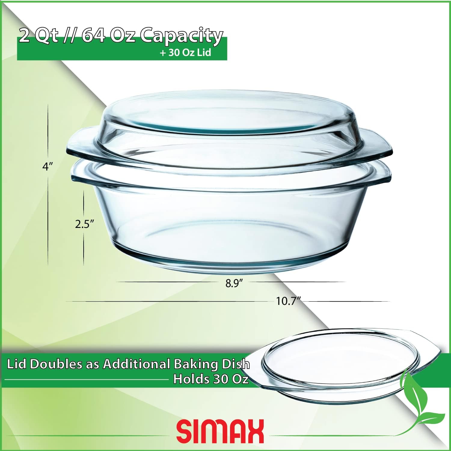 Simax Casserole Dish with Lid, 2 Quart Round Glass Casserole Dishes for Oven with Lid and Handles, Baking Dishes for Oven, Covered Bowl for Cooking, Baking, Serving, Microwave, Dishwasher, and Oven Safe Cookware