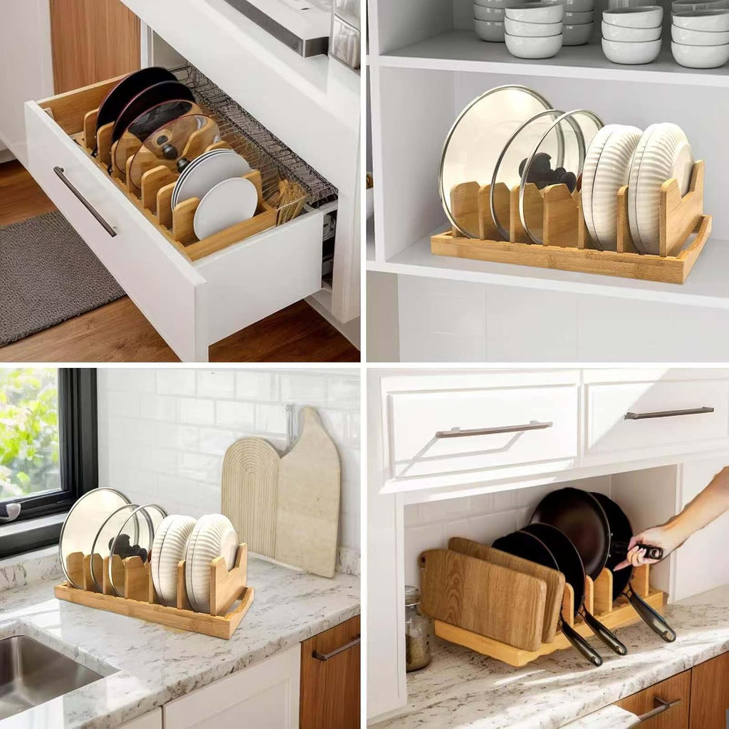 Bamboo Pot Lid Organizer for Cabinet & Kitchen Counter, Pan Lid Organizer Inside Cabinet, Pot Lid Holder, Sheet Pan Rack, Adjustable Pot Cover Holder Rack for Countertop, Under Cabinet Black