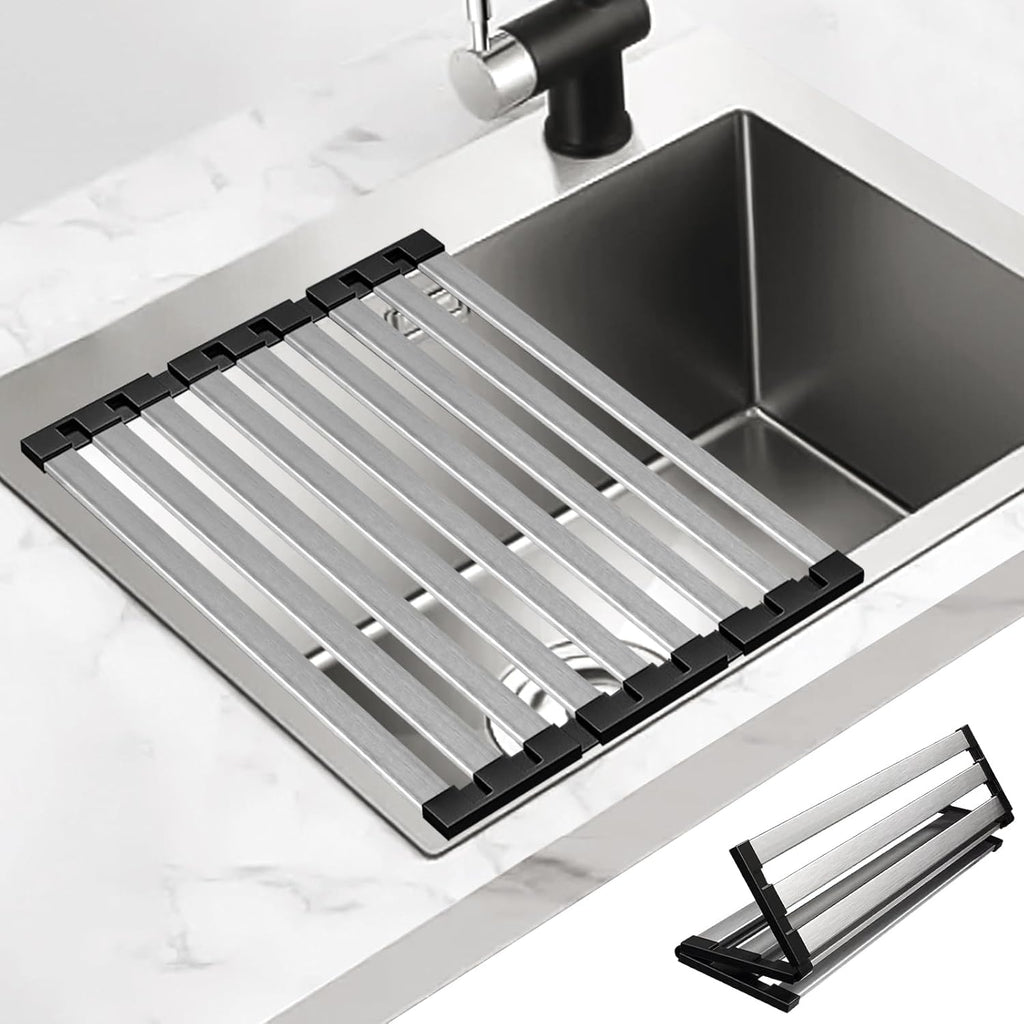 17.5" X 13" Roll Up Dish Drying Rack, 304 Stainless Steel Over Sink Dish Drying Rack, Foldable Heat-Resistant Dishes Drainer for Kitchen and RV Sink Counter, Black