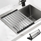 17.5" X 13" Roll Up Dish Drying Rack, 304 Stainless Steel Over Sink Dish Drying Rack, Foldable Heat-Resistant Dishes Drainer for Kitchen and RV Sink Counter, Black
