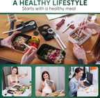 Umami Bento Box Adult All-In-1 w/4 Utensils, 2 Sauce Jars, 2 Dividers, 100% Leakproof, Microwave & Dishwasher Safe, Stackable Lunch Containers for Men/Women, Matte Black & Marble, 68 oz