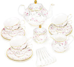 fanquare 21-Piece Gold Vine Floral Porcelain Tea Sets with Sugar Bowl Creamer Teacups, English Bone China Tea Service for Women TeaParty Family Gathering Home Décor