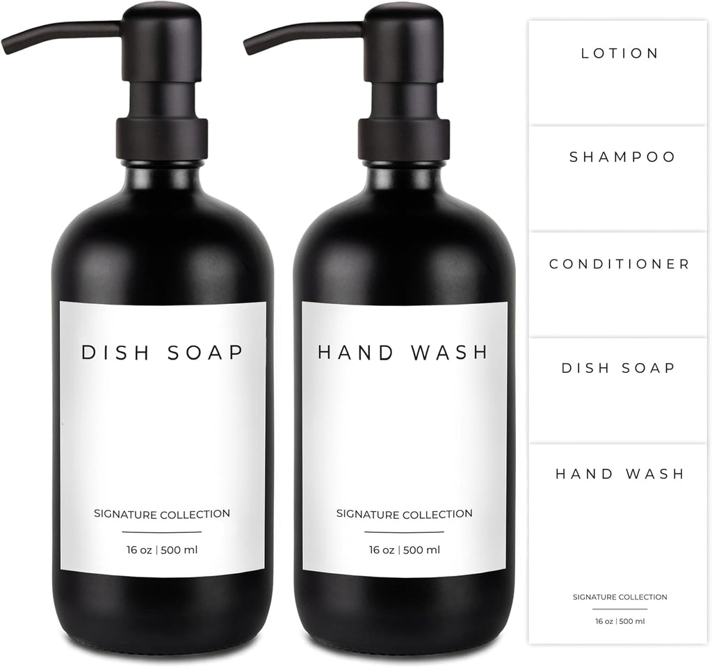 Emerson Essentials Soap Dispenser Set, Dish Soap for Kitchen, Bathroom Set - Hands and Dishes for Home, Farmhouse, Glass Soap Dispenser with Pump and Labels | 16 Oz, 2 Pack