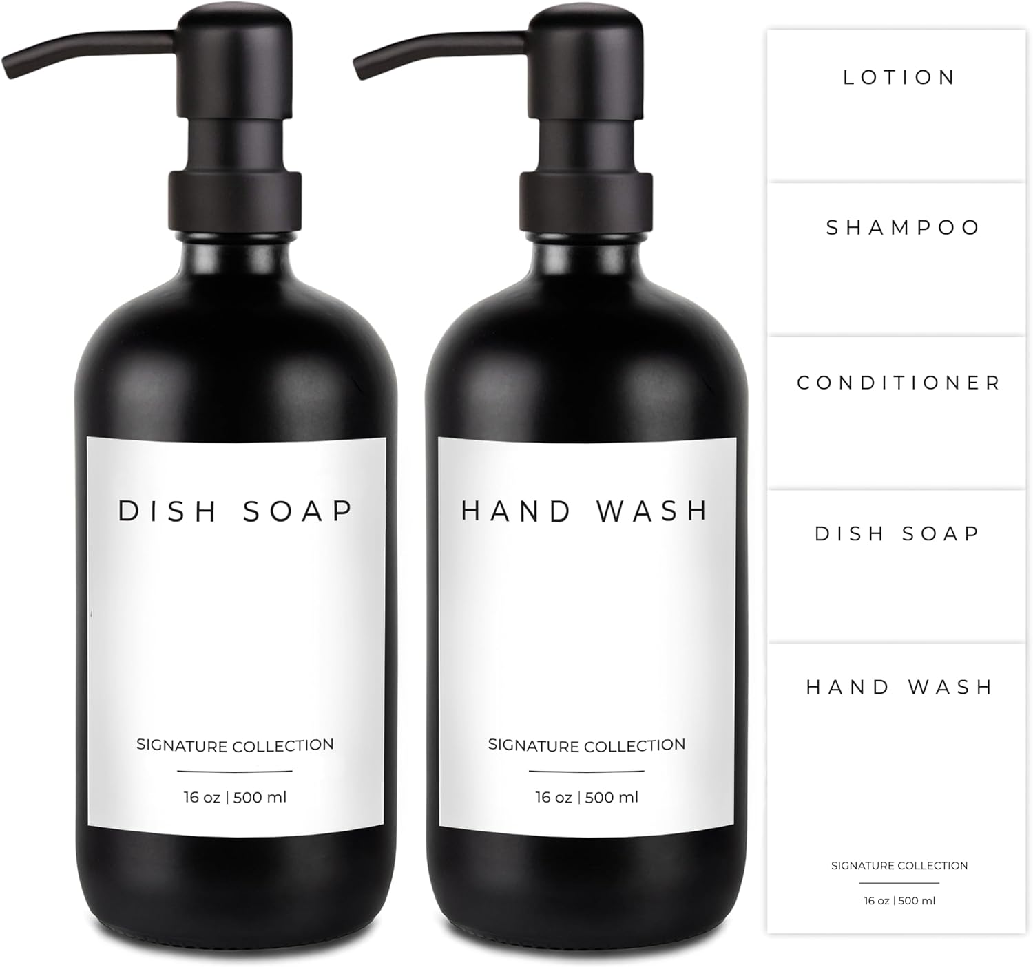 Emerson Essentials Soap Dispenser Set, Dish Soap for Kitchen, Bathroom Set - Hands and Dishes for Home, Farmhouse, Glass Soap Dispenser with Pump and Labels | 16 Oz, 2 Pack