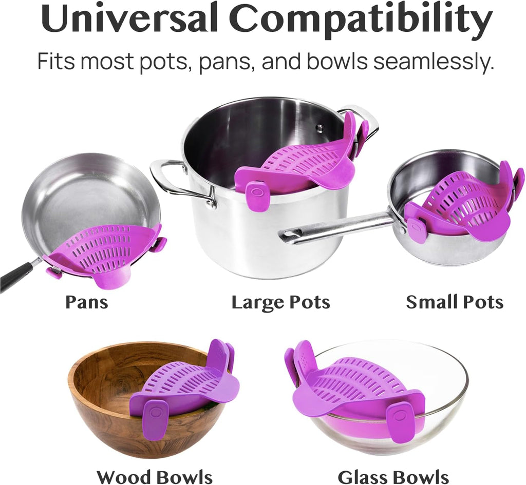Kitchen Gizmo Snap N Strain Pot and Pasta Strainer - Strainers and Colanders - Adjustable Silicone Clip On Strainer for Pots, Pans, and Bowls - Kitchen Colander - Purple
