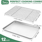 Baking Sheets 2 Pieces with A Rack, HKJ Chef Cookie Sheets and Nonstick Cooling Rack & Stainless Steel Baking Pans & Toaster Oven Tray Pan, Rectangle Size 12.5 x 10 x 1 inch & Non Toxic