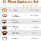 Amazon Basics Ceramic Nonstick Pots and Pans Cookware Set, Dishwasher & Oven Safe, Even Heating, 10-Piece Set, Copper Color