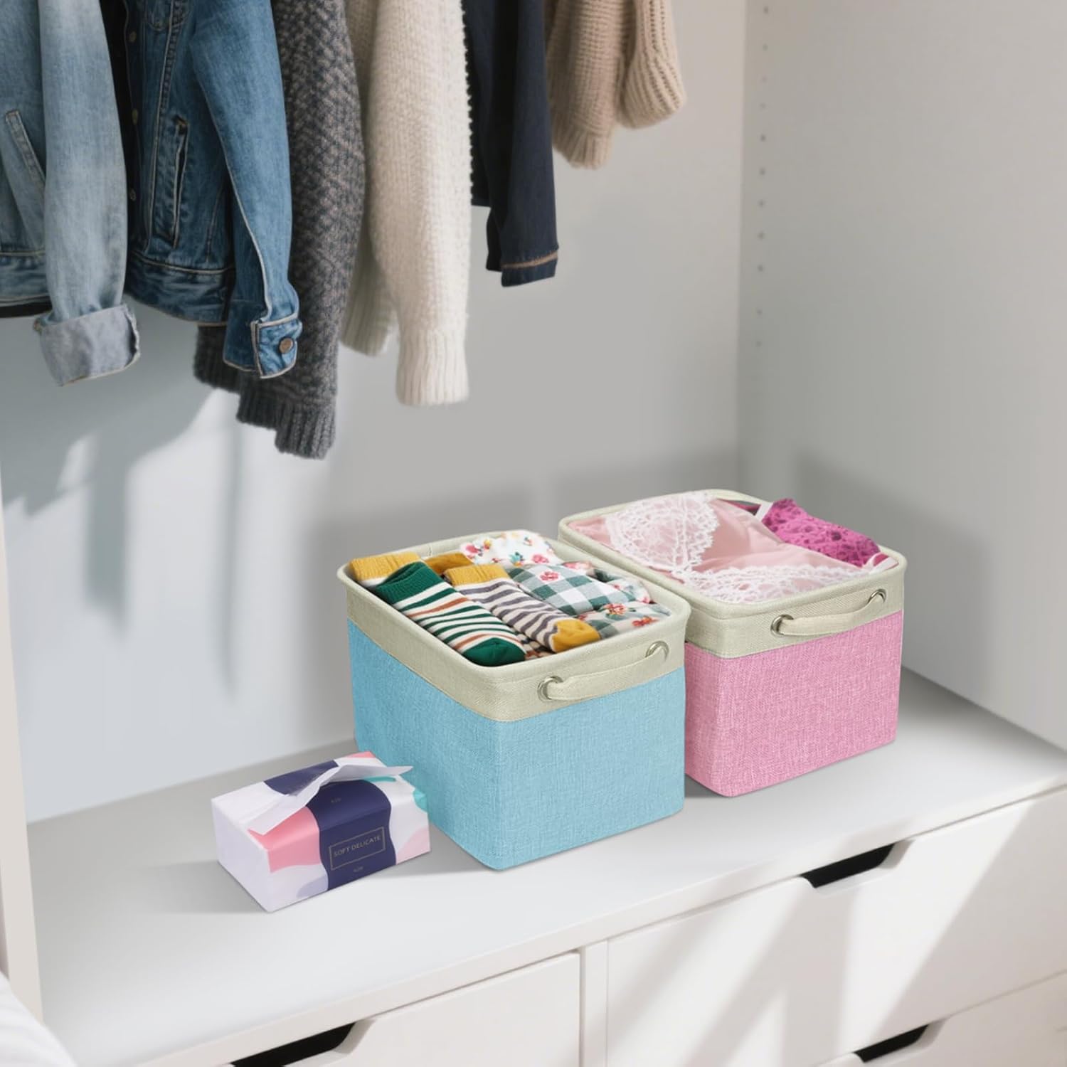 BALEINE 2 Pack Fabric Storage Bins for Shelves, Linen Storage Baskets for Organizing, Decorative Closet Bins for Clothes, Home (Grey, 12"x8"x8")