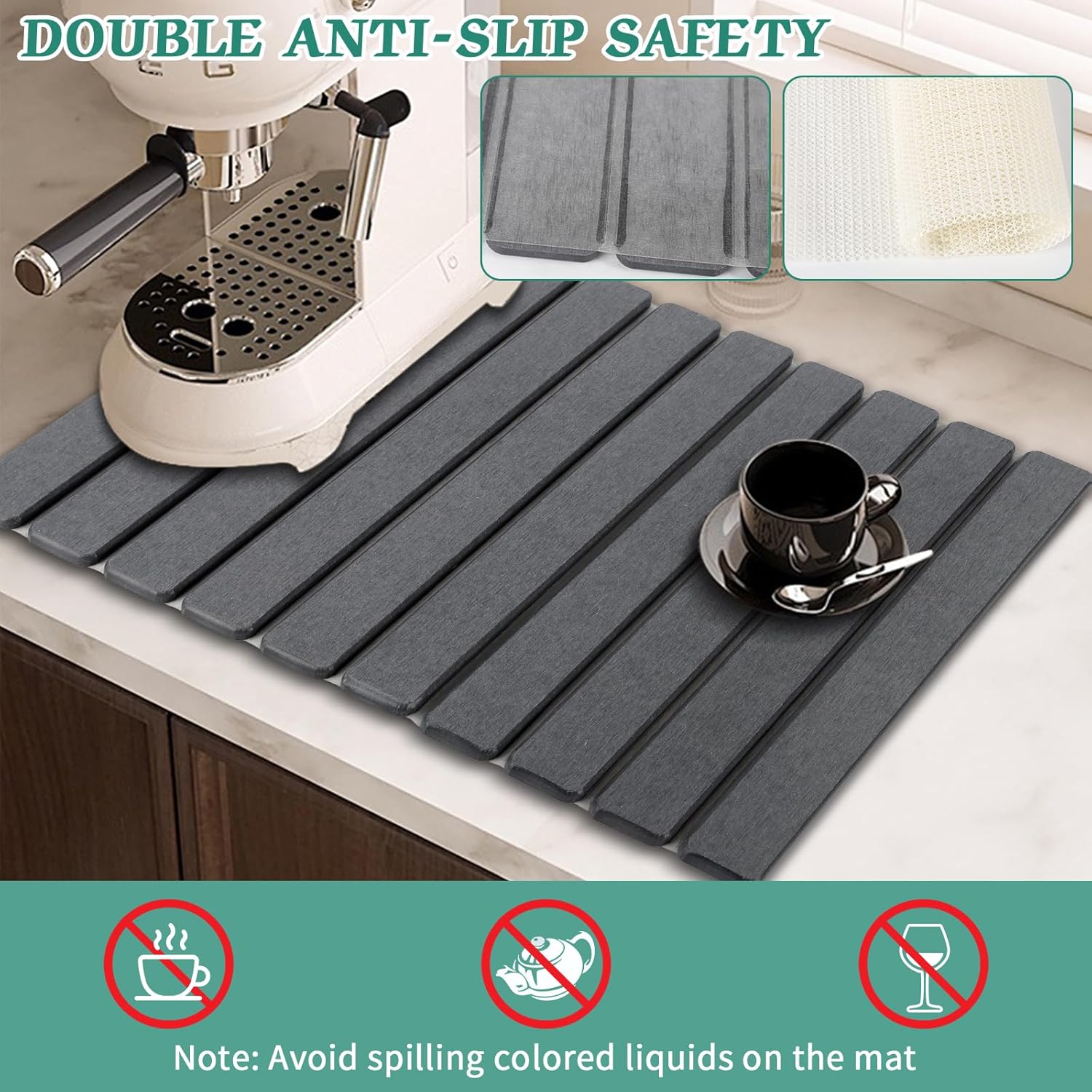 Stone Dish Drying Mat for Kitchen Counter, 24''×15'' Dark Grey Dishes Drying Matt Kitchen Counter, Absorbent Diatomaceous Earth Bath Quick Dry Mats for Tableware, Bottles and Cup