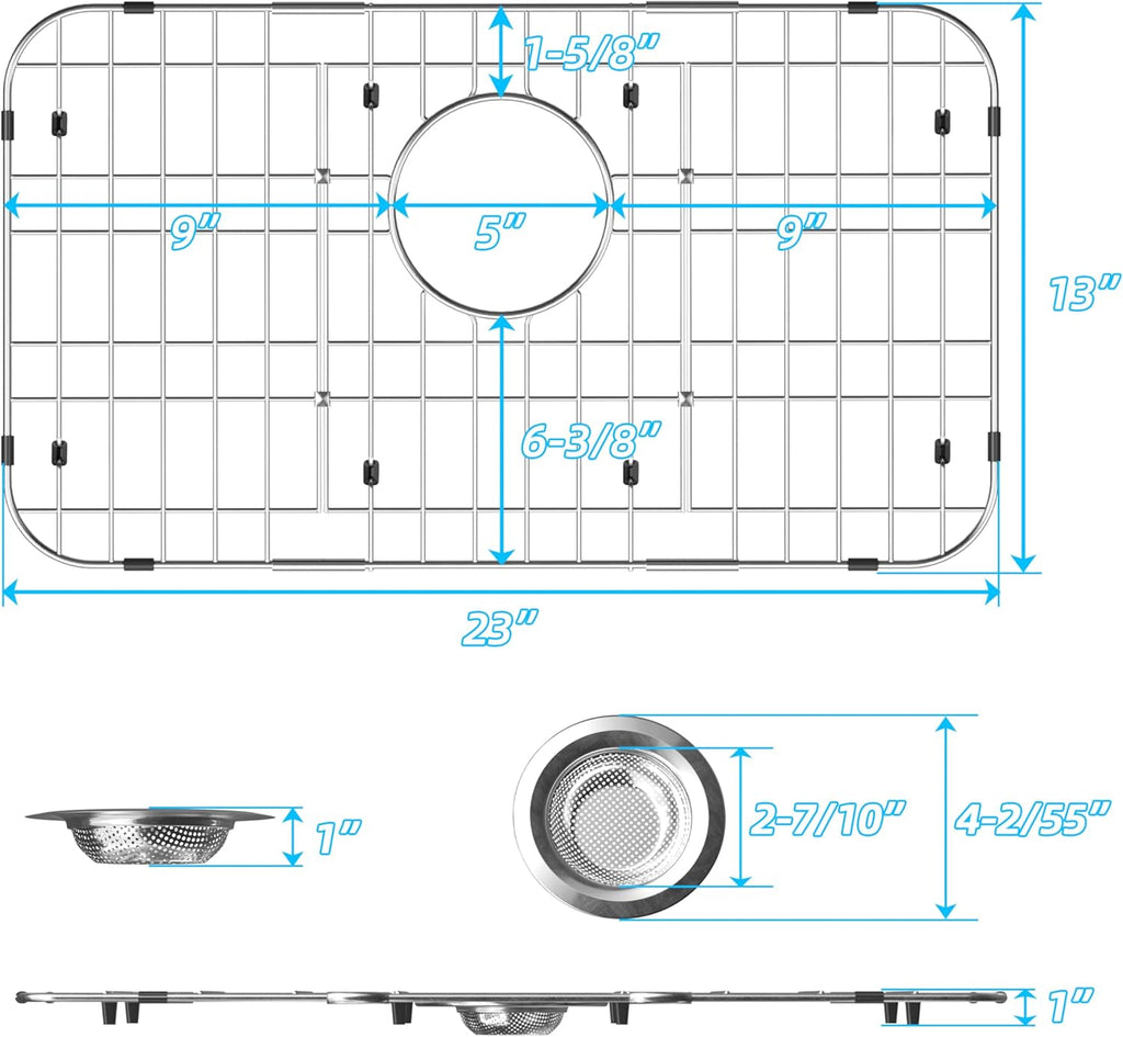 iPEGTOP Sink Bottom Grid, 3-Piece Stainless Steel Sink Protector 23" x 13" Rear Drain Hole with Corner Radius, Sink Grate Rack for Bottom of Kitchen Sink Single Bowl with Hole Cover