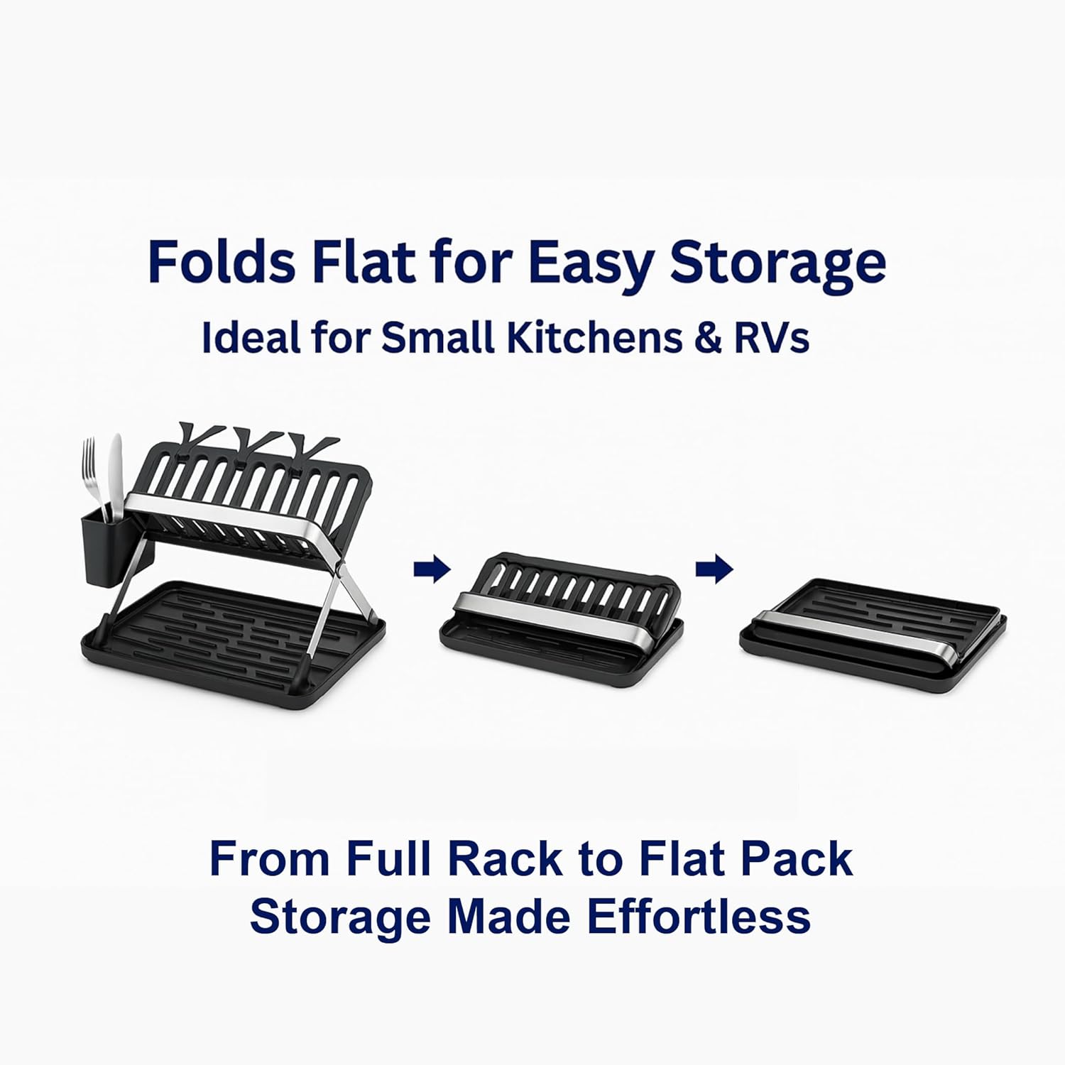 TrendTrove Foldable Dish Drying Rack – Stainless Steel Dish Rack for Kitchen Counter & Over Sink – Compact, Space-Saving Dish Drainer with Drip Tray, Utensil Holder & Plate Dividers (Black/Silver)