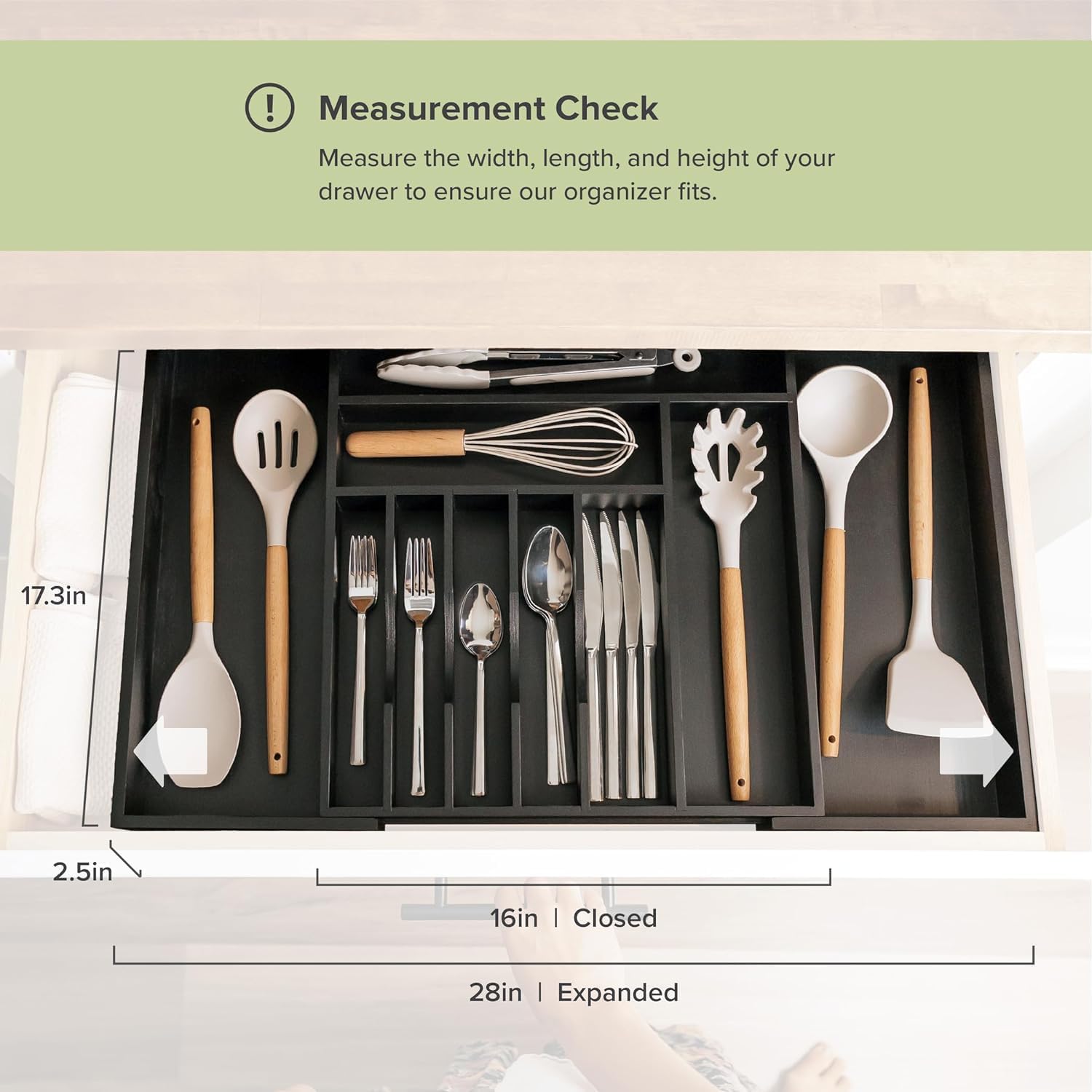 KitchenEdge Premium Silverware, Flatware and Utensil Organizer for Kitchen Drawers, Food-Safe Contract Grade, Expandable from 16 to 28 In, Black Bamboo