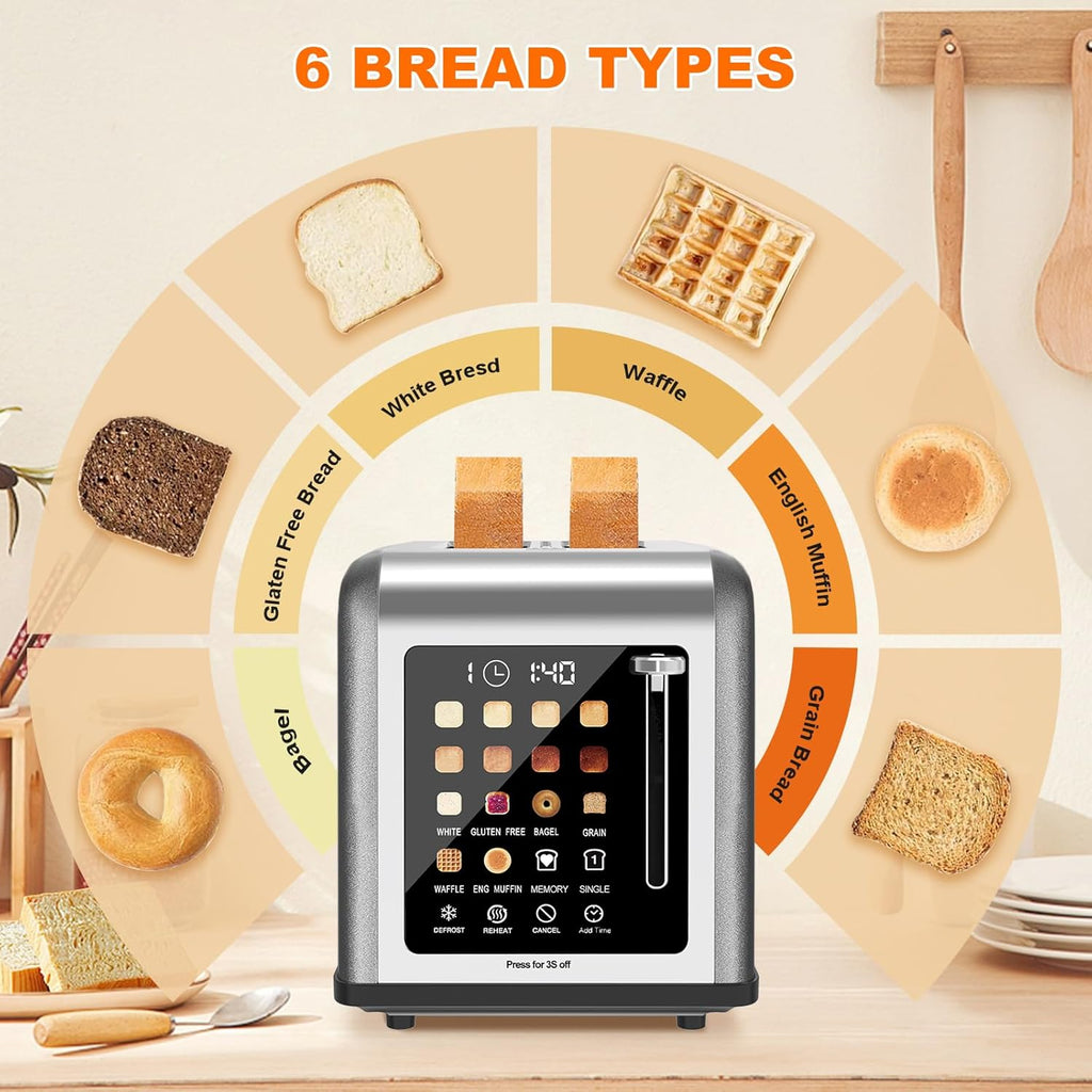 2 Slice Toaster Touch Screen, Stainless Steel Toasters Digital Timer 2 Slot Toasters, 8 Shade Settings 6 Bread Types for Bagel, Cancel, Defrost (Grey）