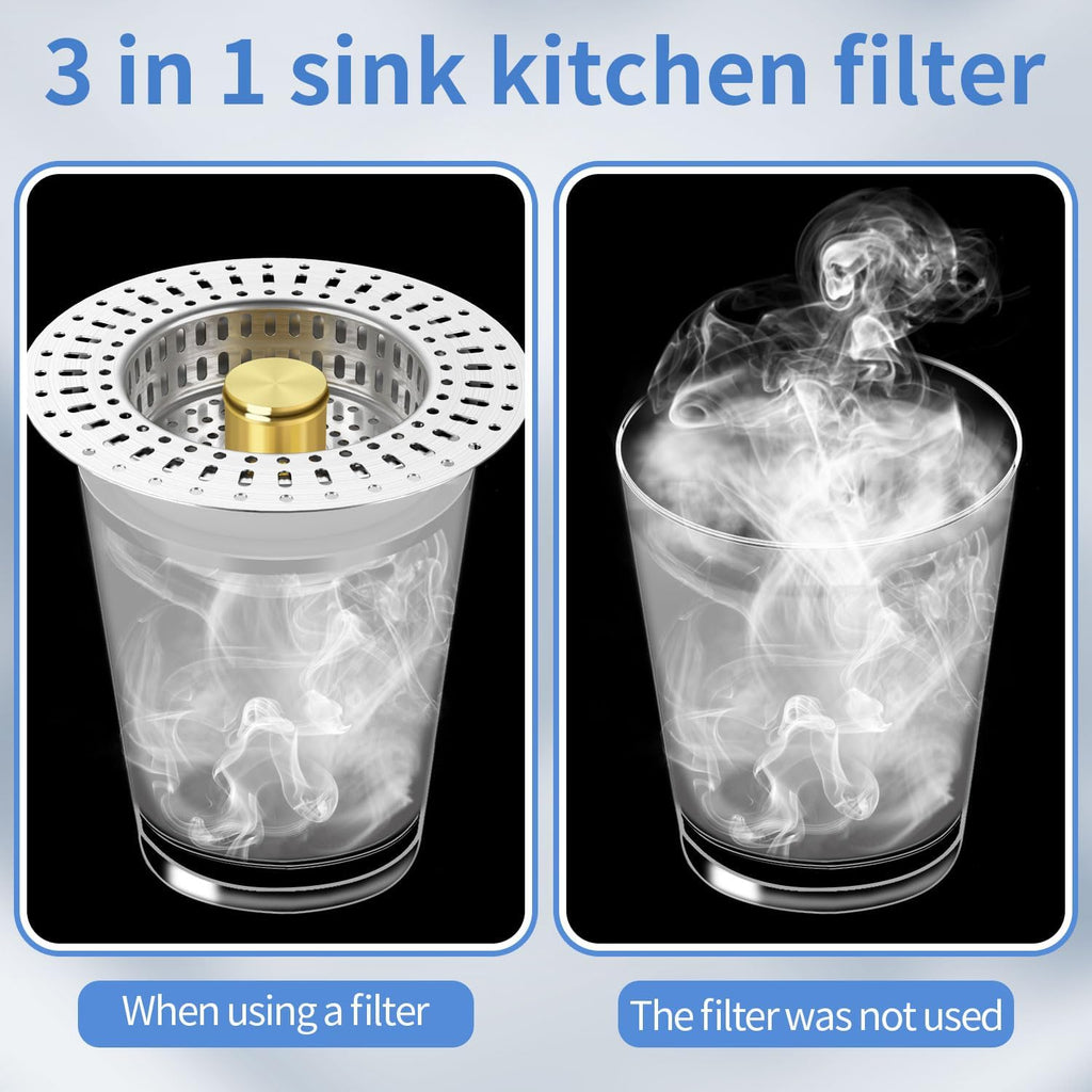 Upgraded 3 in 1 Kitchen Sink Drain Strainer - Stainless Steel Sink Stopper, Anti-Clogging Sink Food Catcher Basket, Fast Drainage Odor Filter Sink Plug(golden-2pcs)