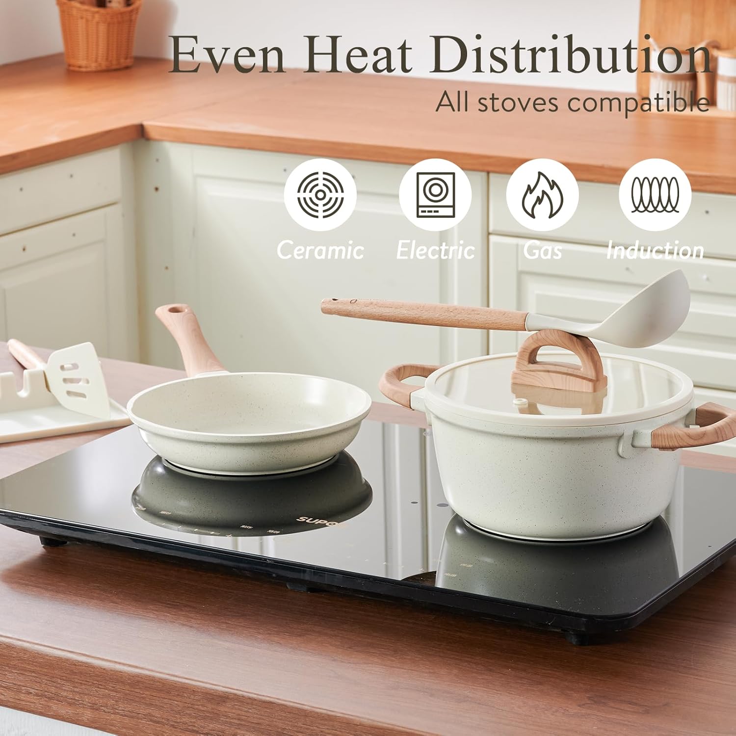 22 Pcs Pots and Pans Set Non Stick Non-Toxic Ceramic Kitchen Cookware Sets Nonstick Pot&Pan With Lid Cream White Granite Induction Compatible with Glass Lids Crepe