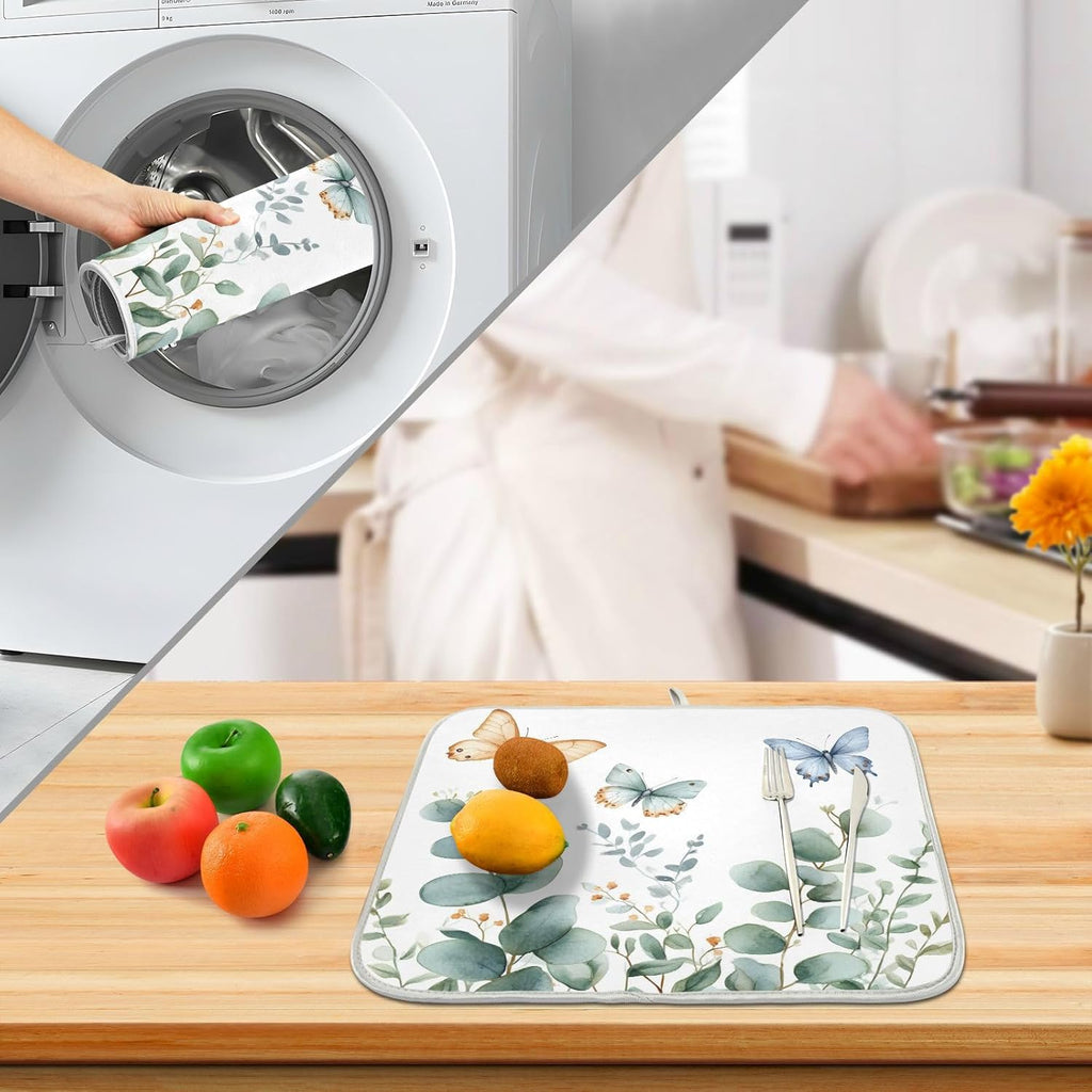 Spring Eucalyptus Green Leaf Dish Drying Mat for Kitchen Counter Absorbent Microfiber Large Drying Pad Dish mats for Kitchen Countertops 18 x 24 Inch