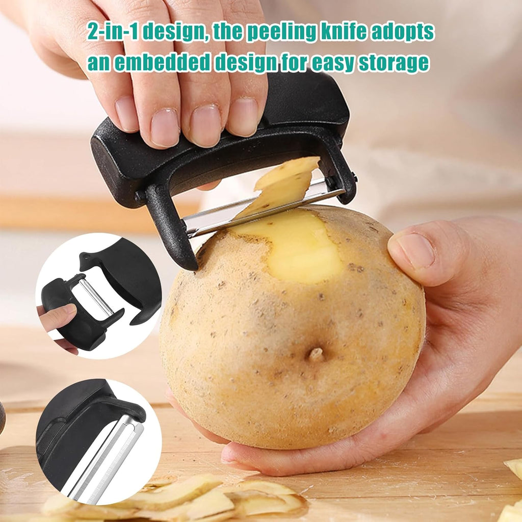 4 Piece Kitchen Spiral And V-Shaped Tools, vegetable peeler,crinkle cutter knife, Multifunctional Kitchen Set, Stainless Steel Manual Kitchen Tools for Creative Food Decoration(black）