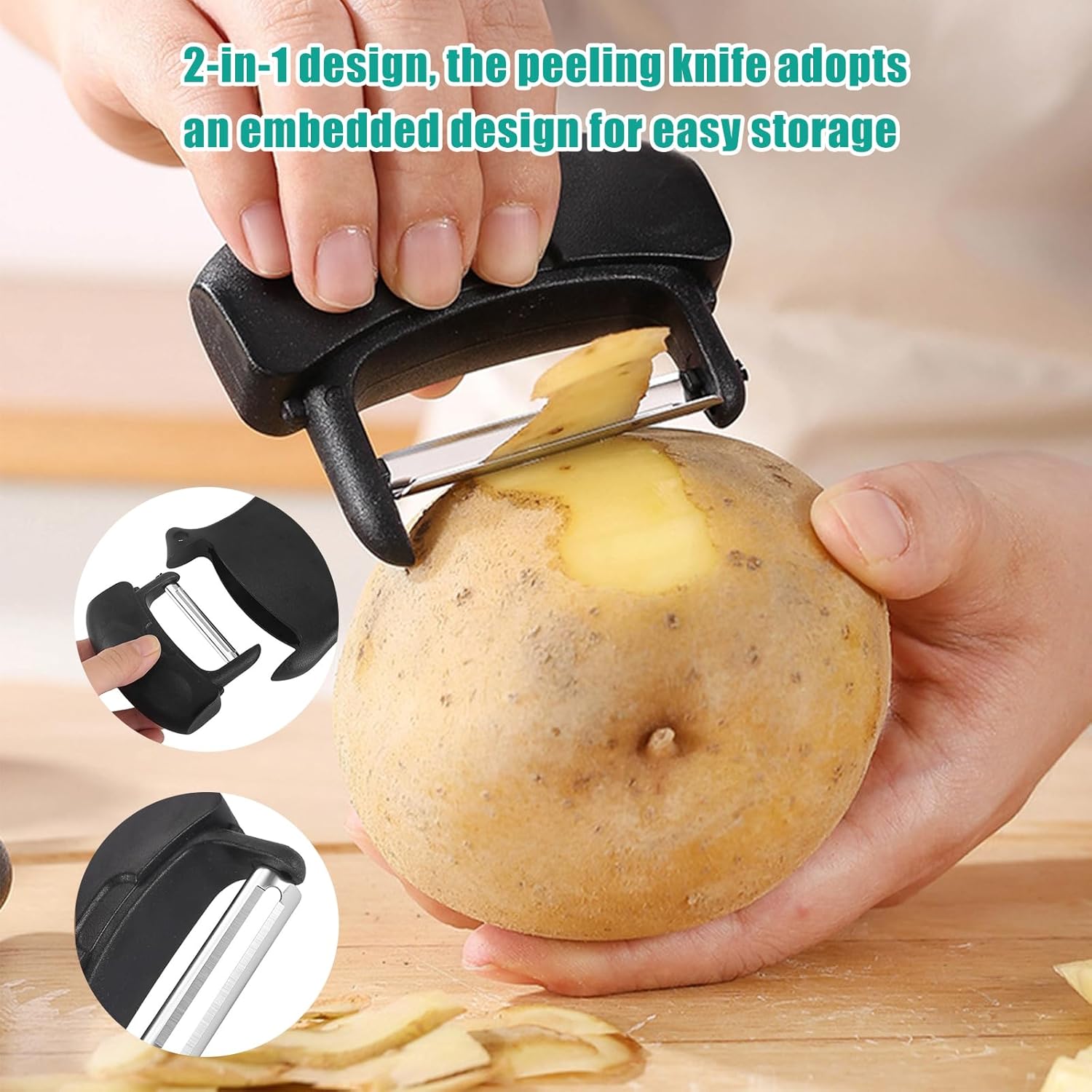 4 Piece Kitchen Spiral And V-Shaped Tools, vegetable peeler,crinkle cutter knife, Multifunctional Kitchen Set, Stainless Steel Manual Kitchen Tools for Creative Food Decoration(black）