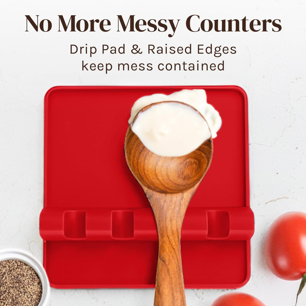 Red Silicone Spoon Rest for Stove Top with Drip Pad (Two Pack) - Heat-Resistant, BPA-Free Utensil Rest & Spoon Holder for Kitchen Counter - Grill Utensil Holder for Spatulas, Tongs, Ladles