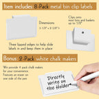Basket Labels Clip on | Label Holders for Basket or Storage Bins Includes White Chalk Markers (8 White Holders + 2 Black Chalk Makers)