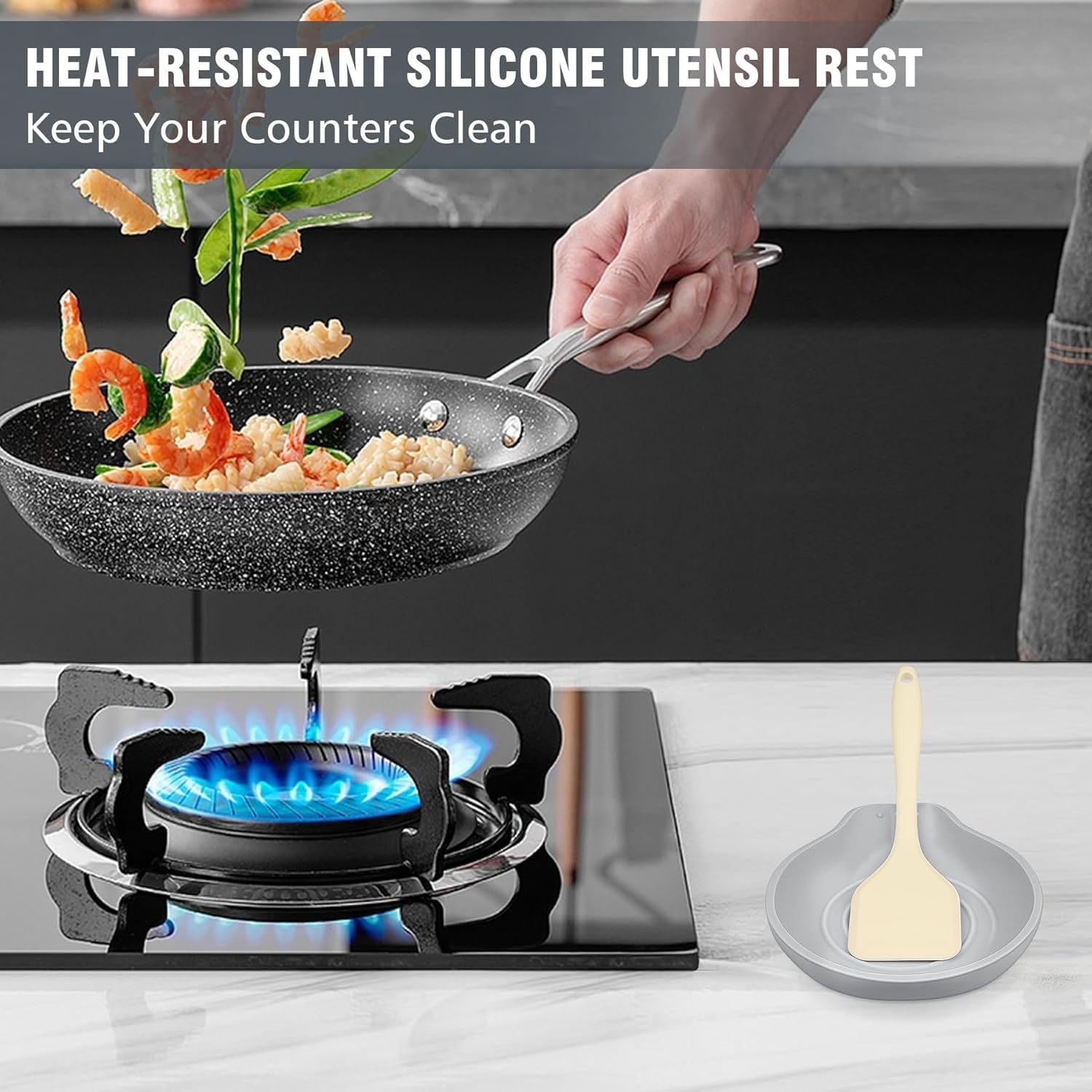 Silicone Spoon Rest for Stove Top - BPA-Free, Heat-Resistant Spoon Holder - Spoon Rest for Kitchen Counter - Large Cooking Utensil Rest for Spoons, Spatulas, Ladles or Tongs - Gray 2 Pack