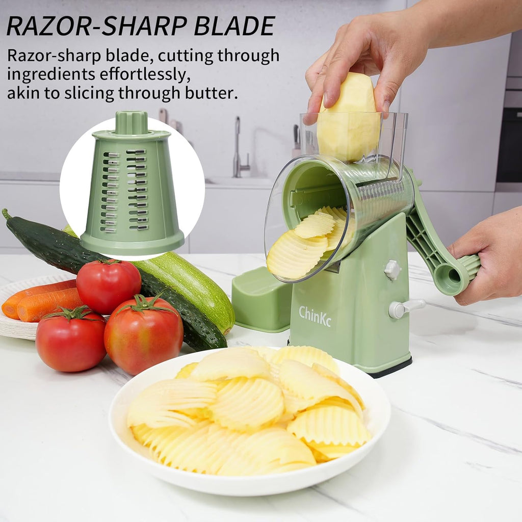 Rotary Cheese Grater Shredder - Upgraded 5 in 1 Cheese Grater with Handle and Strong Suction Base, Multi-purpose Julienne Slicer Ice Shaver Nuts Grinder for Ice, Vegetables, Fruit, Nuts