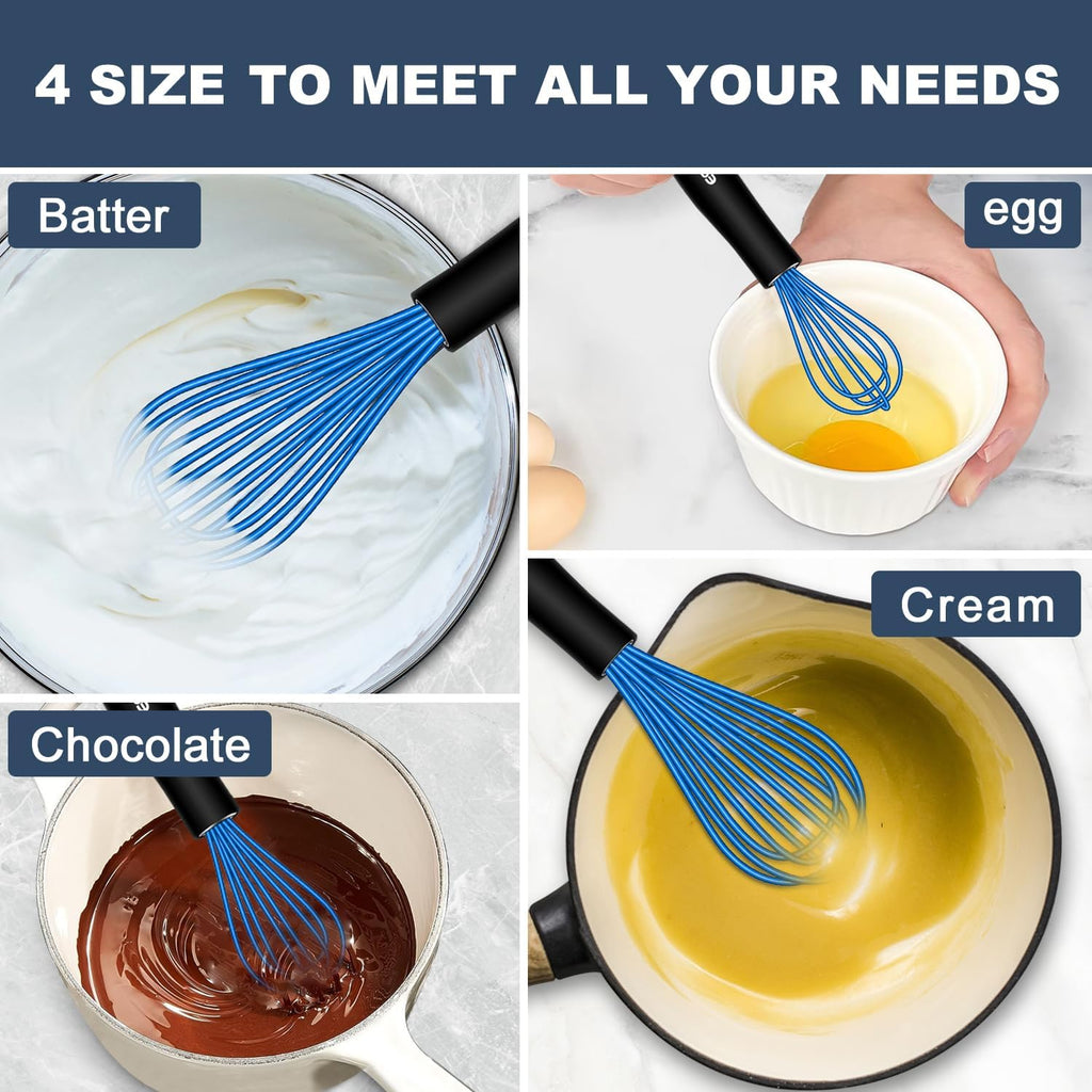 Silicone Whisk, Whisk Non Scratch Whisk for Cooking, 5+7+9+11in Balloon Whisk, Suitable for Mixing, Blending. 11in Flat Whisk great for Ceramic Coated pans and Wider shallower pots. (Blue)