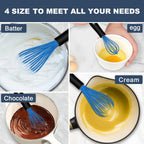 Silicone Whisk, Whisk Non Scratch Whisk for Cooking, 5+7+9+11in Balloon Whisk, Suitable for Mixing, Blending. 11in Flat Whisk great for Ceramic Coated pans and Wider shallower pots. (Blue)