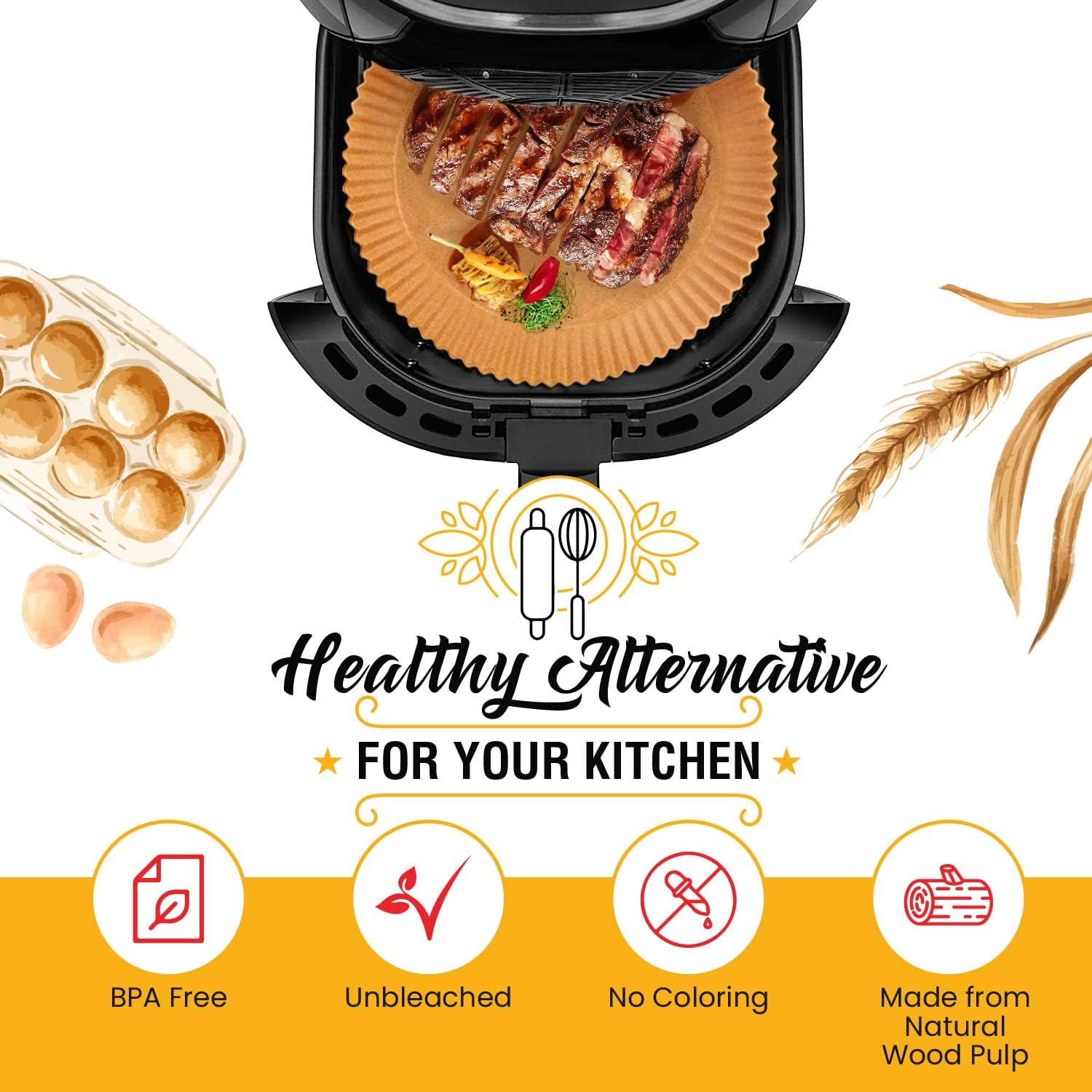 6.3” Small Round Air Fryer Liners, 2-4 qt Airfryer Paper Liners, 125Pcs Disposable parchment paper for air fryer – Non-Stick and Oil Proof for Easy Cleanup by Baker's Signature