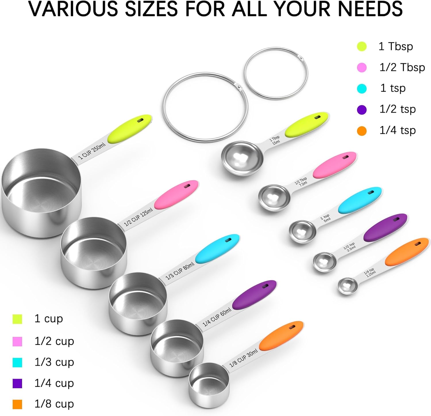 TILUCK Measuring Cups and Spoons Set, Stainless Steel, Kitchen Utensils for Cooking and Baking (10, Colorful)