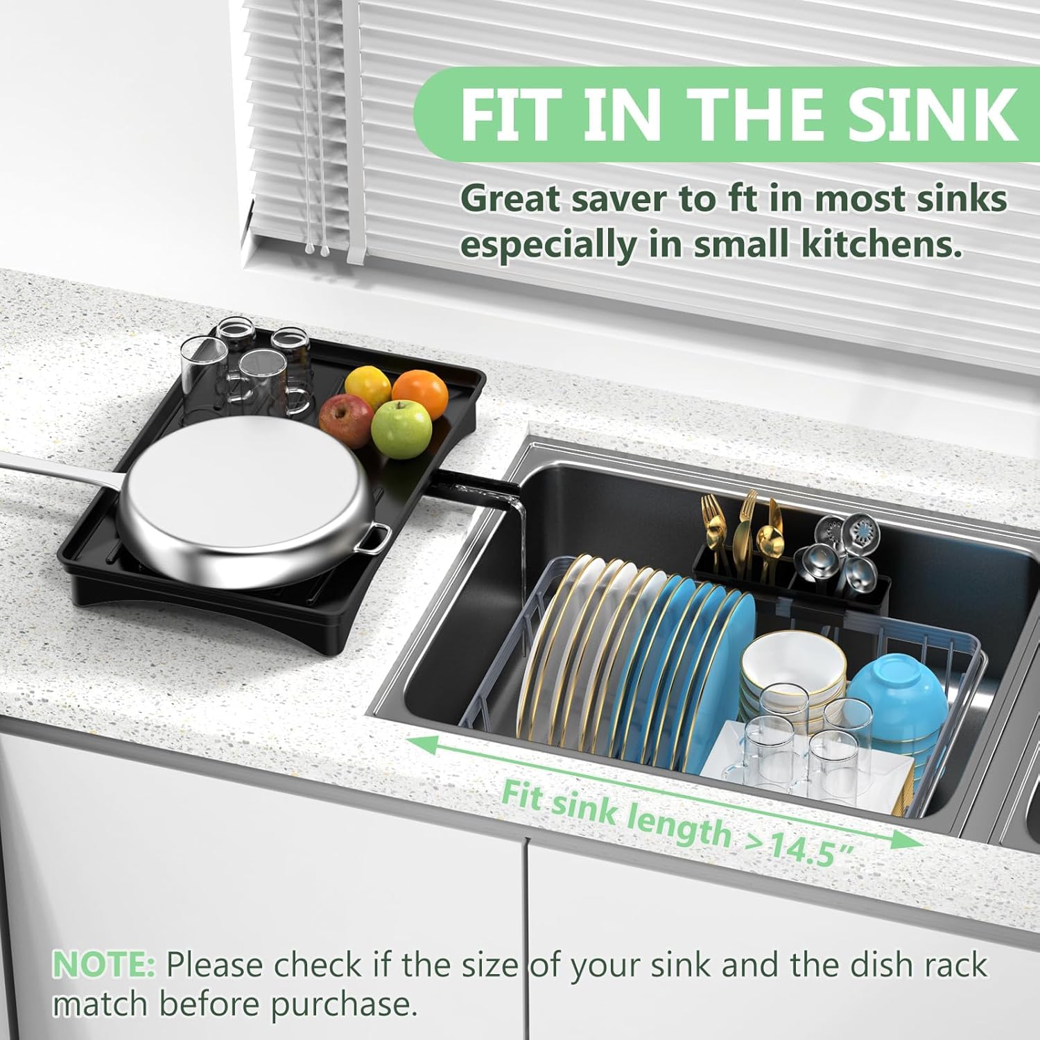 LEMIKKLE Sink Dish Drying Rack - Expandable Small Dish Rack Over Sinks with Drying Tray, Dish Drainer for Kitchen Counter with Cutlery Holder, Drying Rack Fit for 14’’-19’’ Kitchen Sink