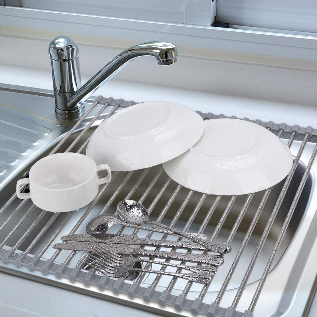 Roll Up Dish Drying Rack Over The Sink 17.7"(L) x 15.6"(W), Multipurpose Foldable Stainless Steel Kitchen Rollable Drainer Rack, Gray